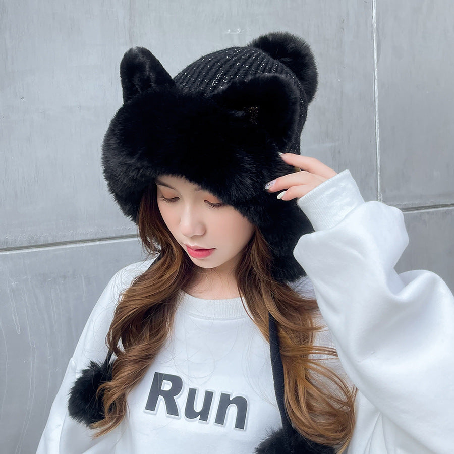Winter Cute Cartoon Sequins Cat Ears Fleece-lined Thickened Warm Beanie