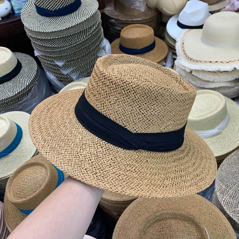 Summer Hat Flat Straw Hat Female Raffia Straw Hat Beach Vacation Sun Shade Sun Hat Fisherman Hat Net Red