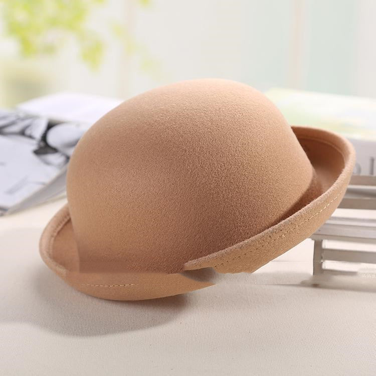Girls Trendy Hat Woolen Dome Top Hat With Curling Edge British Round Hat Ball Hat