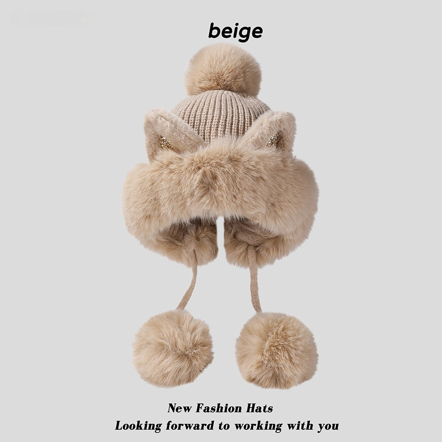 Winter Cute Cartoon Sequins Cat Ears Fleece-lined Thickened Warm Beanie