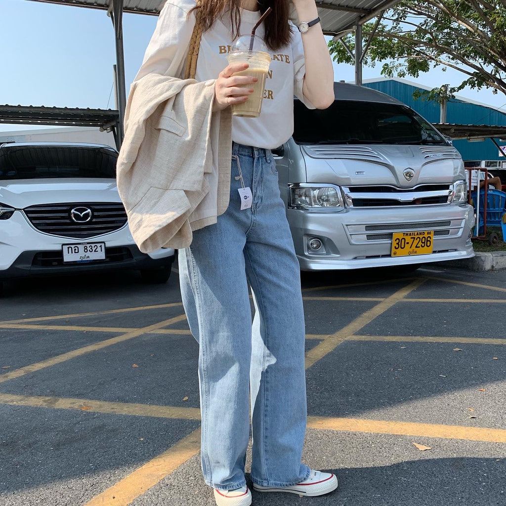 High waist denim wide leg pants