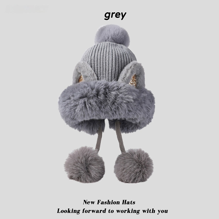 Winter Cute Cartoon Sequins Cat Ears Fleece-lined Thickened Warm Beanie
