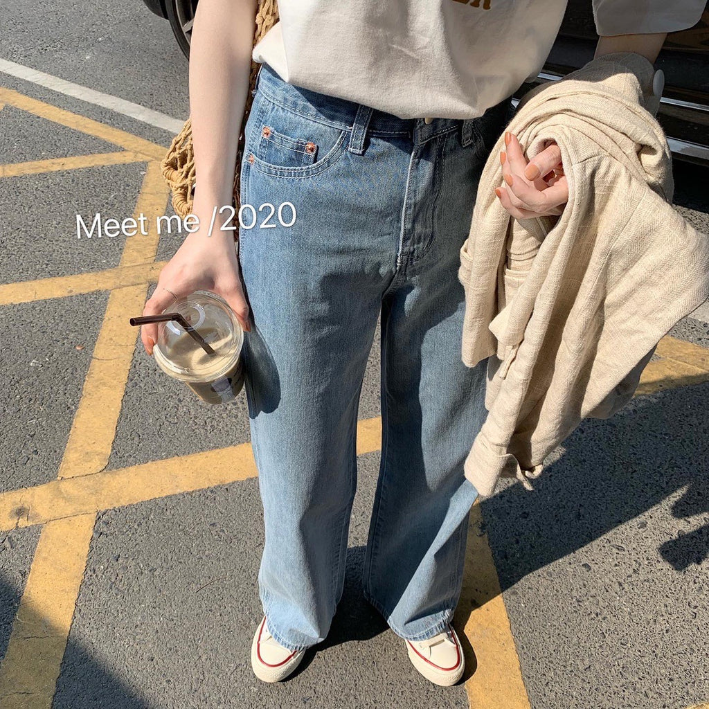 High waist denim wide leg pants