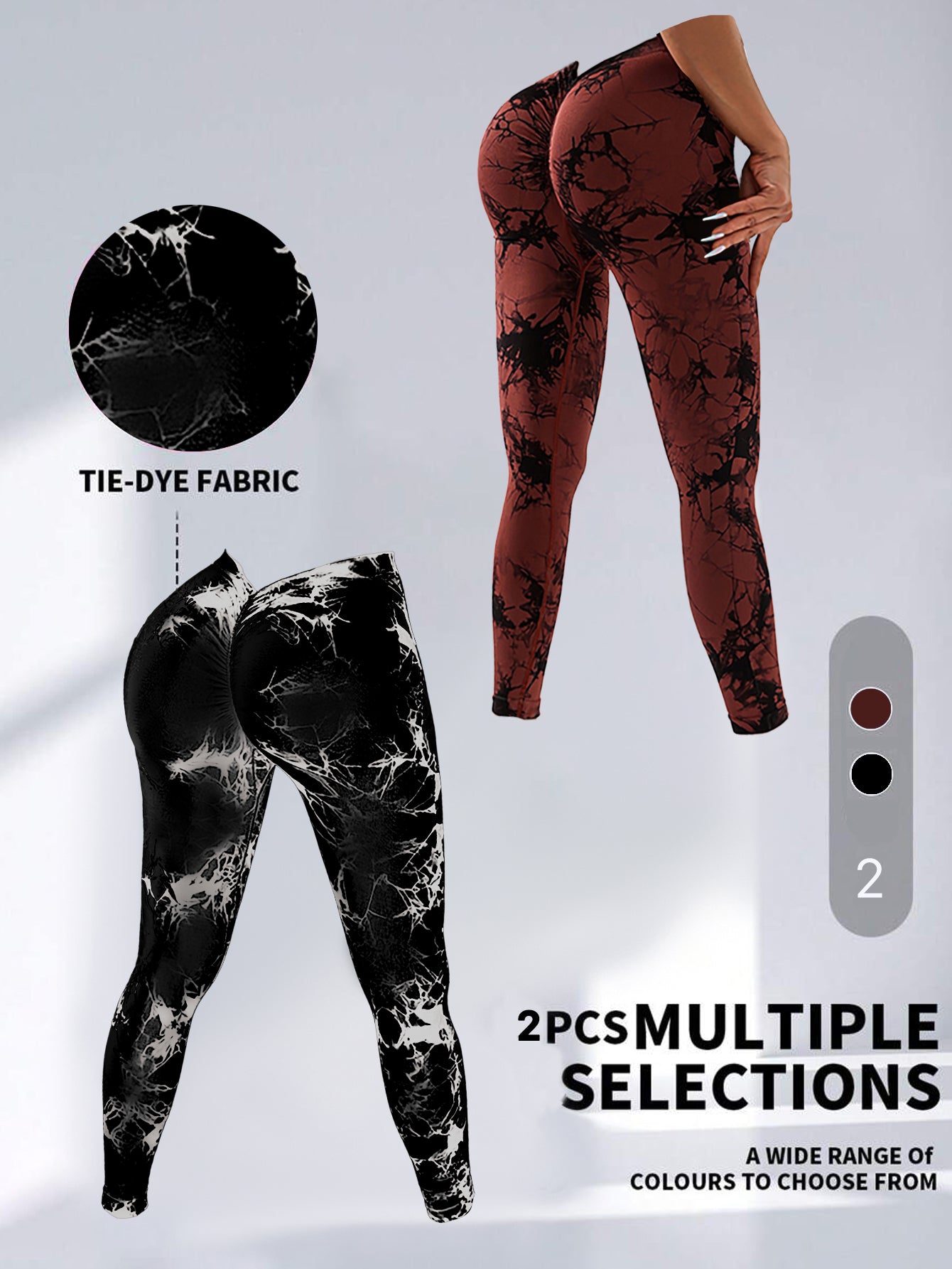 2 Pack Tie-Dye High Waist V-Back Yoga Leggings, Peach-Hip Enhancing Athleisure Tights, Sport Style Fitness Pants