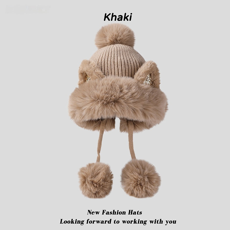 Winter Cute Cartoon Sequins Cat Ears Fleece-lined Thickened Warm Beanie